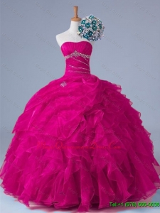 2015 Custom Made Strapless Beaded Quinceanera Dresses in Fuchsia