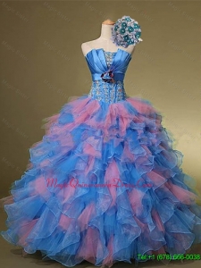 2015 In Stock Strapless Quinceanera Dresses with Hand Made Flowers and Beading for Fall