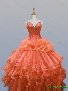 2015 In Stock Straps Quinceanera Dresses with Beading and Ruffled Layers