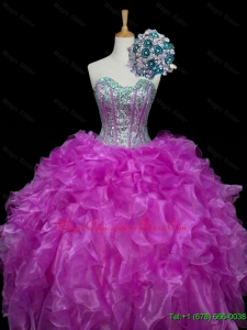 2015 In Stock Ball Gown Fuchsia Quinceanera Dresses with Sequins and Ruffles