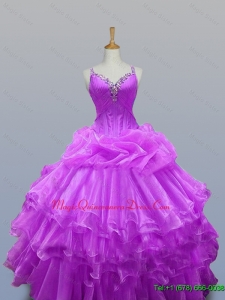 2015 Fast Delivery Straps Beaded Quinceanera Dresses with Ruffled Layers