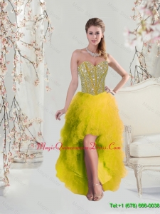 Classical High Low Sweetheart Yellow Affordable Dama Dresses with Beading and Ruffles