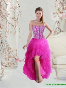 Affordable High Low Sweetheart Fuchsia Dama Dresses with Beading and Ruffles