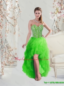 Affordable High Low Sweetheart Spring Green Dama Dresses with Beading