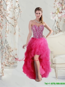 New Arrival High Low Sweetheart Beaded and Ruffles Dama Dresses in Hot Pink