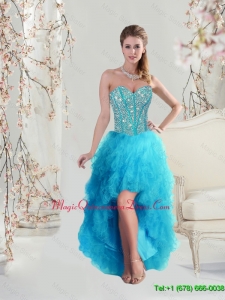 New Arrival Sweetheart Beaded and Ruffles Turquoise Dama Dresses High Low