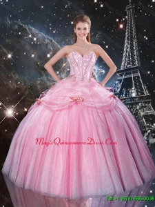 Feminine Rose Pink Sweet 16 Dresses with Beading and Bowknot
