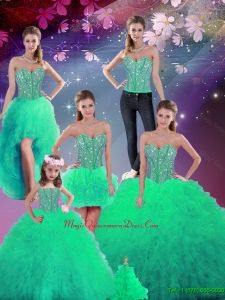 Gorgeous Sweetheart Beaded and Ruffles Detachable Sweet 16 Dresses in Turquoise