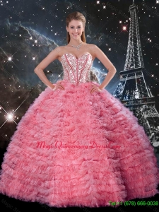 Latest Ball Gown Beaded Rose Pink Quinceanera Dresses with Ruffles