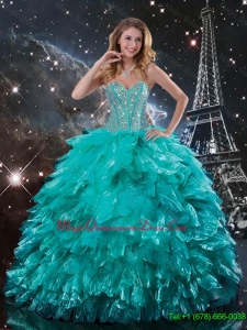 Classical Brush Train Turquoise Quinceanera Dresses with Beading and Ruffles