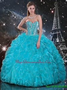 Discount Aqua Blue Sweetheart Quinceanera Gowns with Beading and Ruffles