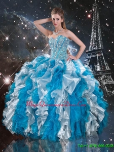 Luxurious Beaded White and Blue Sweet 16 Gowns with Ruffles