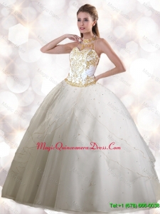 2016 Summer Feminine Halter Top White Quinceanera Gowns with Appliques