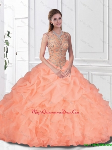 2016 Summer Perfect Beaded and Ruffles Watermelon Quinceanera Gowns with Bateau