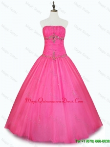 2016 Cheap Strapless Hot Pink Quinceanera Dresses with Beading