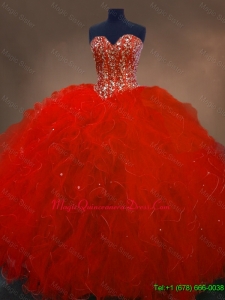 2016 Pretty Red Sweetheart Quinceanera Gowns with Ruffles and Beading