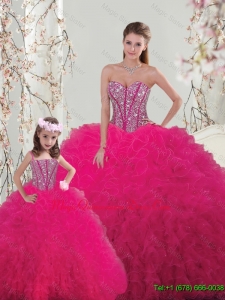Classical Ball Gown Beaded and Ruffles Macthing Sister Dresses in Hot Pink