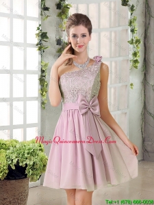 Discount A Line One Shoulder Pink Dama Dresses with Bowknot