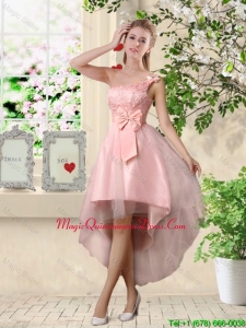 Romantic One Shoulder Laced and Bowknot Dama Dresses in Pink