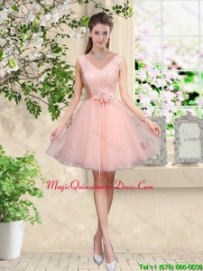 Decent V Neck Baby Pink Dama Dresses with Hand Made Flowers