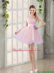 Perfect V Neck Strapless Short Dama Dresses with Bowknot