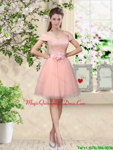 Discount Off the Shoulder Hand Made Flowers Dama Dresses in Baby Pink