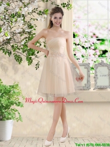 Comfortable Strapless Champagne Dama Dresses with Knee Length