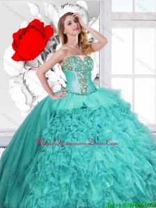 2016 Spring Classical Ruffles and Beaded Quinceanera Gowns in Turquoise