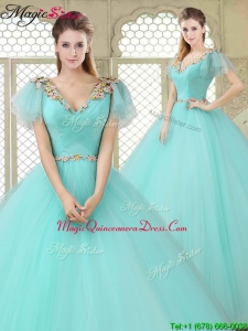 Exquisite V Neck Mint Sweet 16 Dresses with Appliques