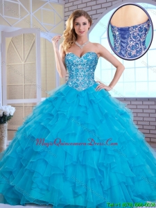 2016 Exquisite Aqua Blue Sweet 16 Gowns with Beading and Ruffles