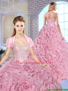 Luxurious Beading Brush Train Quinceanera Gowns with Rolling Flowers
