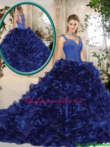 Perfect Straps Brush Train Quinceanera Gowns in Royal Blue for 2016