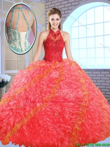 Romantic Appliques and Ruffles Quinceanera Gowns with High Neck