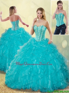 Elegant Aqua Blue Detachable Sweet 16 Dresses with Beading and Ruffles