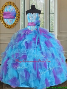 2017 Best Sweetheart Organza Blue and Purple Quinceanera Gown with Handmade Flower