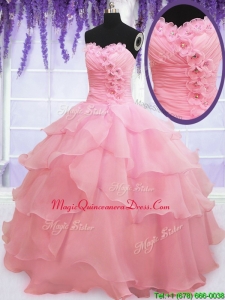 2017 Cute Organza Baby Pink Quinceanera Dress with Appliques and Ruffled Layers