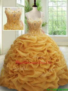 Visible Boning See Through Back Brush Train Beaded Quinceanera Dress in Gold