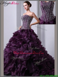 Beautiful A Line Brush Train Beading and Ruffles Discount Quinceanea Dresses