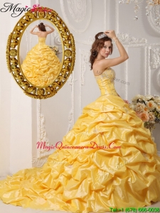 Perfect Pick Ups and Appliques Discount Quinceanera Gowns with Court Train