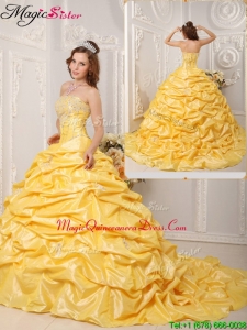 Hot Sale Ball Gown Court Train Appliques and Beading Quinceanera Dresses
