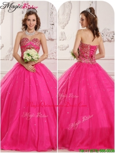 Modern A Line Beading Quinceanera Gowns in Hot Pink