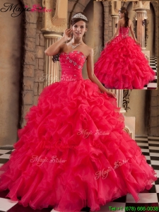 Pretty Coral Red Sweetheart Quinceanera Gowns with Beading