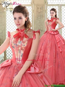 Classical High Neck Cap Sleeves Quinceanera Gowns with Bowknot