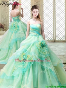 New Strapless Brush Train Quinceanera Dresses with Hand Made Flowers
