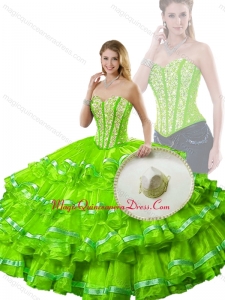 Hot Sale Spring Green Detachable Sweet 16 Dresses with Beading and Ruffled Layers