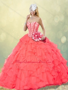Hot Sale Coral Red Quinceanera Gowns with Beading and Ruffles for Fall