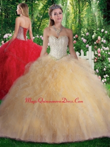 2016 Pretty Ball Gown Champagne Quinceanera Dresses with Beading and Ruffles