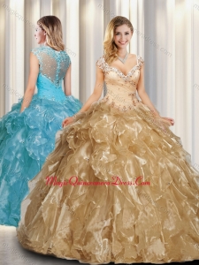 Beautiful A Line Cap Sleeves Quinceanera Dresses with Beading in Champagne