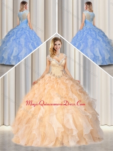 Pretty Straps Champagne Quinceanera Gowns with Beading and Ruffles