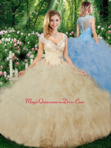 Cute Ball Gown Beading Champagne Quinceanera Dresses with Cap Sleeves